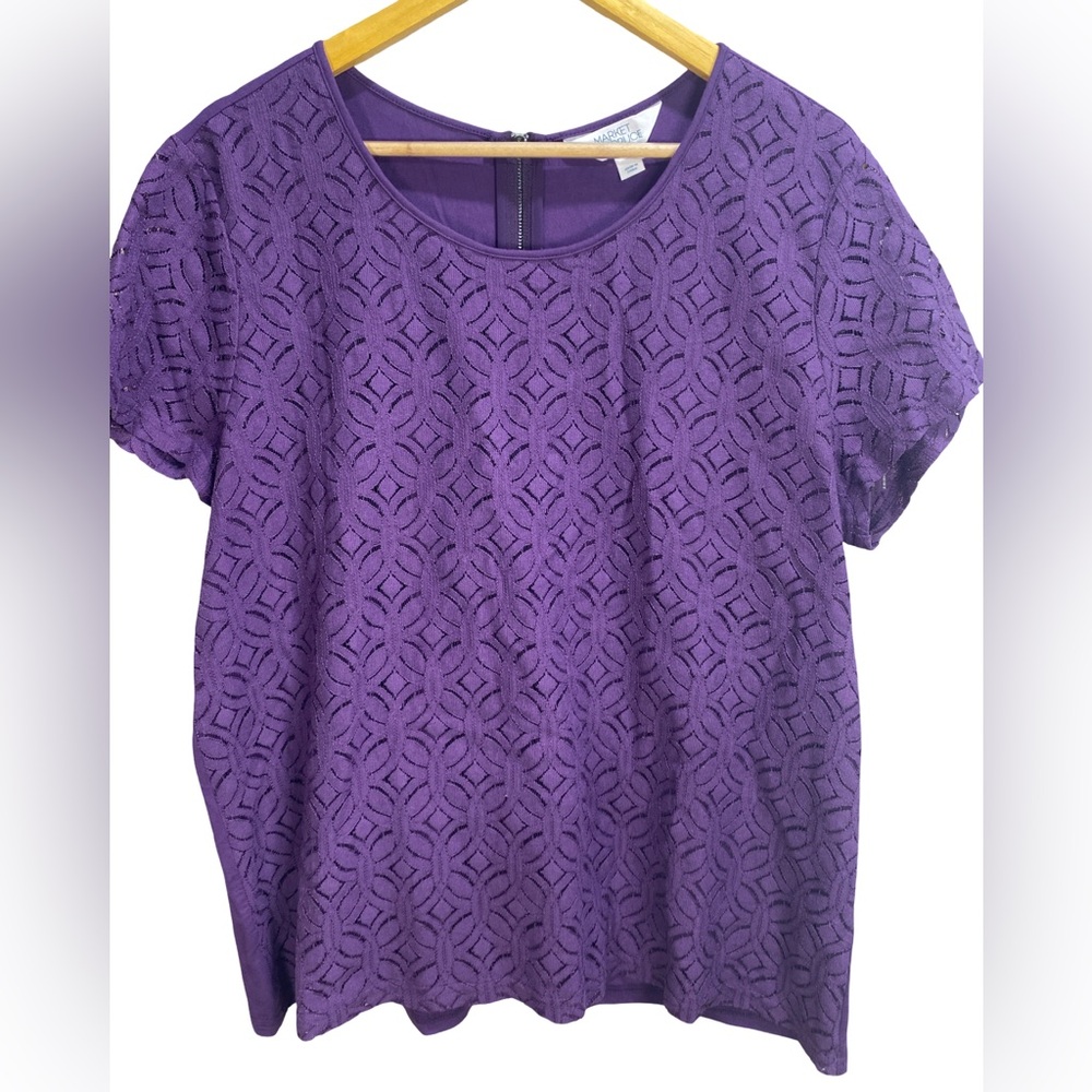Market & Spruce Royal Purple Lace Front Short Sleeve Blouse 2X‎ Zipper Back
